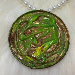 Green, Yellow, and Brown Round Charm and Faux  Pearls Stretchy Handmade Necklace